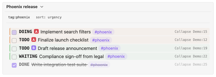 The same collapsible list expanded, with the chevron rotated and the matching tasks shown