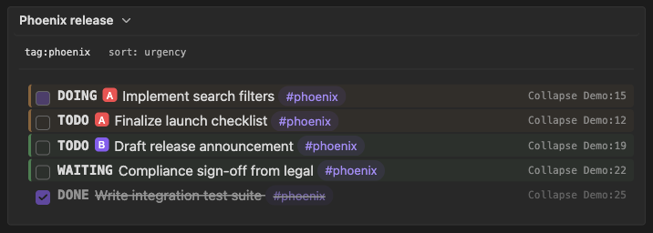 The same collapsible list expanded, with the chevron rotated and the matching tasks shown