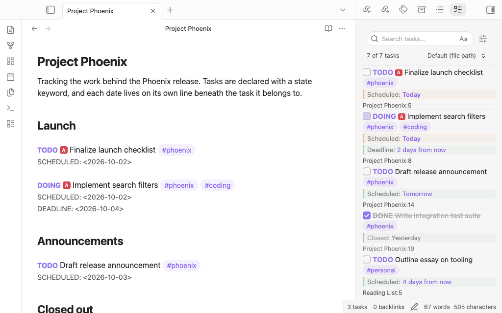 TODOseq Task List beside plain-text notes in Obsidian