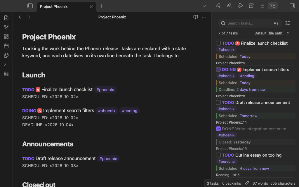TODOseq Task List beside plain-text notes in Obsidian