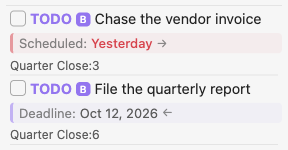 A task scheduled for yesterday with a delay, and a task with a deadline one week out