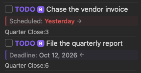 A task scheduled for yesterday with a delay, and a task with a deadline one week out